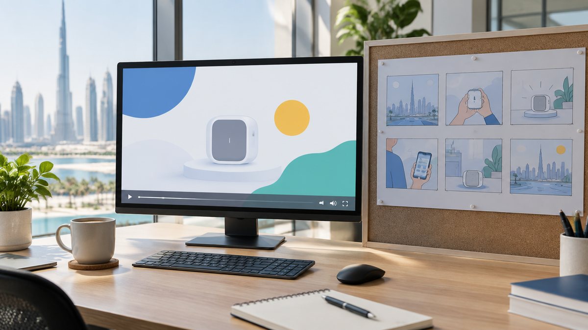 A product manager in a Dubai office watching a 60-second explainer video on a large monitor, a storyboard of simple scenes pinned beside it