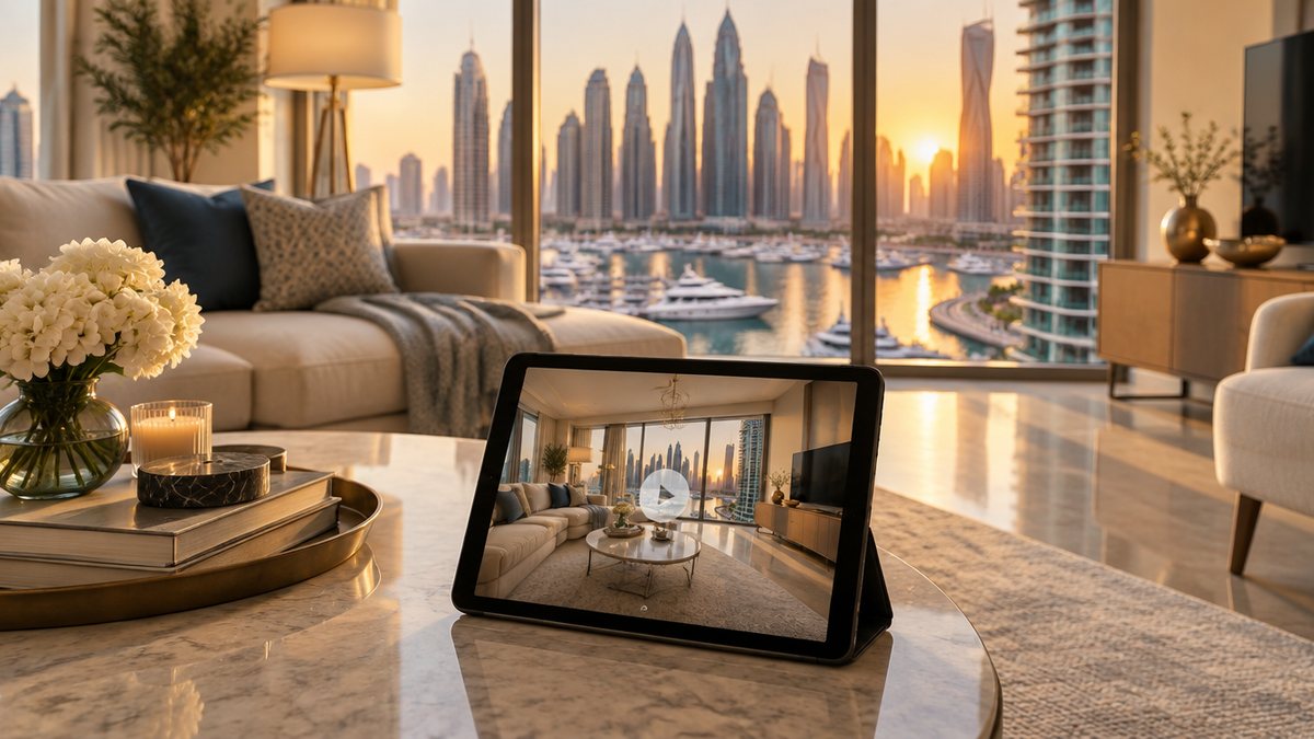A Dubai apartment living room with floor-to-ceiling windows onto the marina, a tablet in the foreground playing an AI-generated walkthrough of the same room