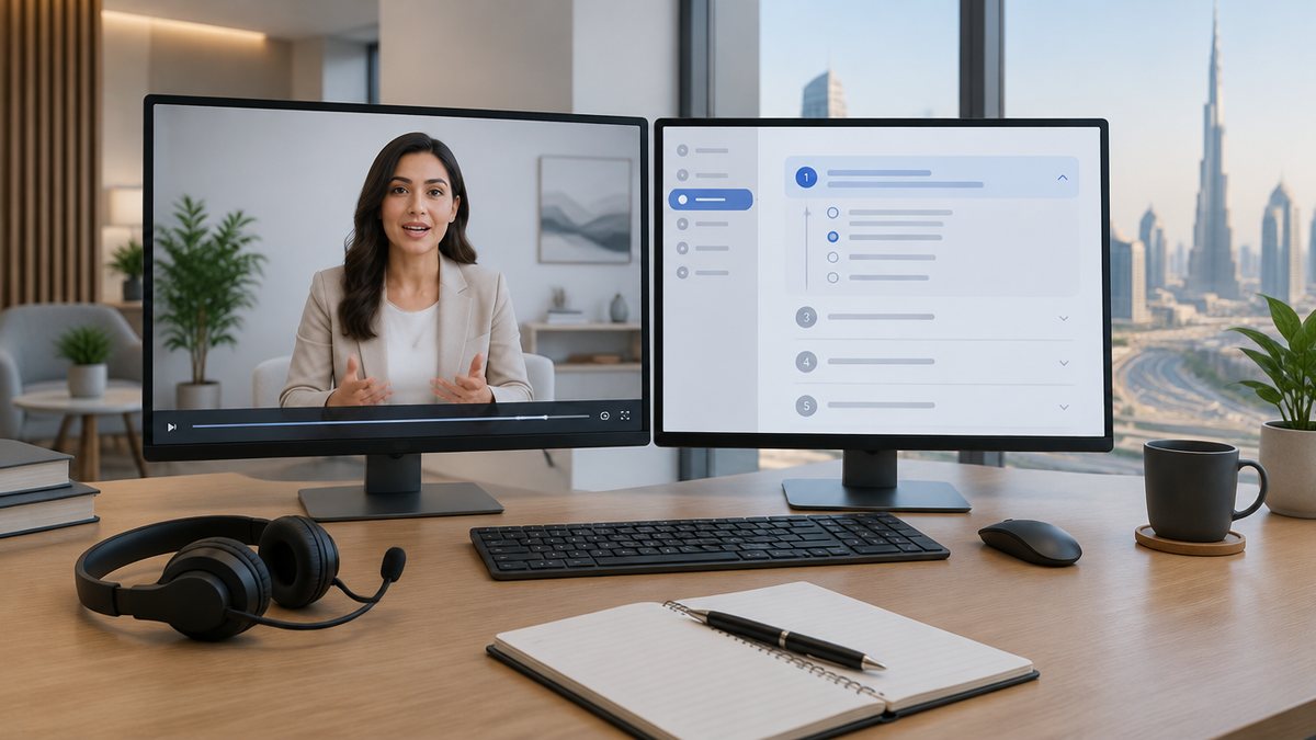 An L&D manager in a Dubai office reviewing a training module on screen, a presenter mid-sentence on one monitor and a module outline on another