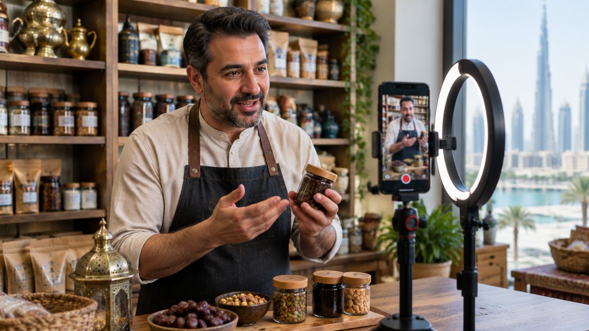A Dubai shop owner in an apron filming a vertical product video on a smartphone on a mini tripod with a ring light