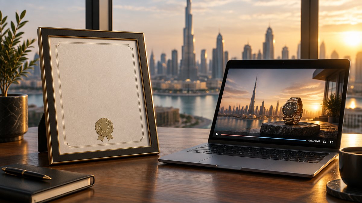 A framed course certificate on a desk next to a laptop playing a finished AI-generated brand video, Dubai skyline through the window