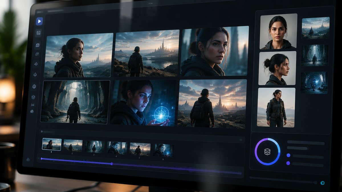 Close-up of an AI video generation interface showing a storyboard grid, a reference image panel and a credits counter
