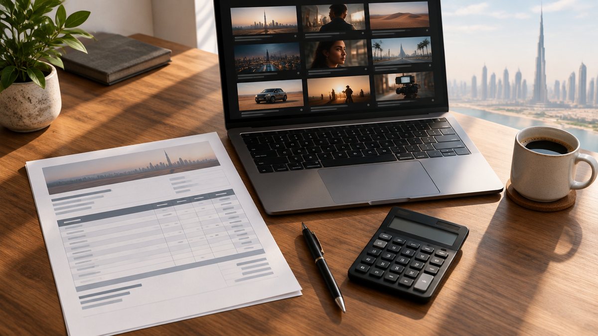 A printed AI video production quote on a desk beside a laptop showing a shotlist, a calculator and a cup of coffee, Dubai office in the background