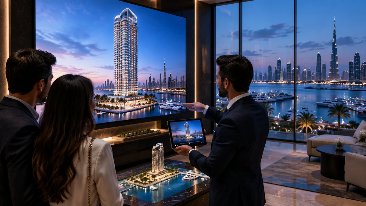 A Dubai off-plan tower as a glowing architectural visualisation on a sales-gallery screen, a broker holding a tablet playing the same building in a video