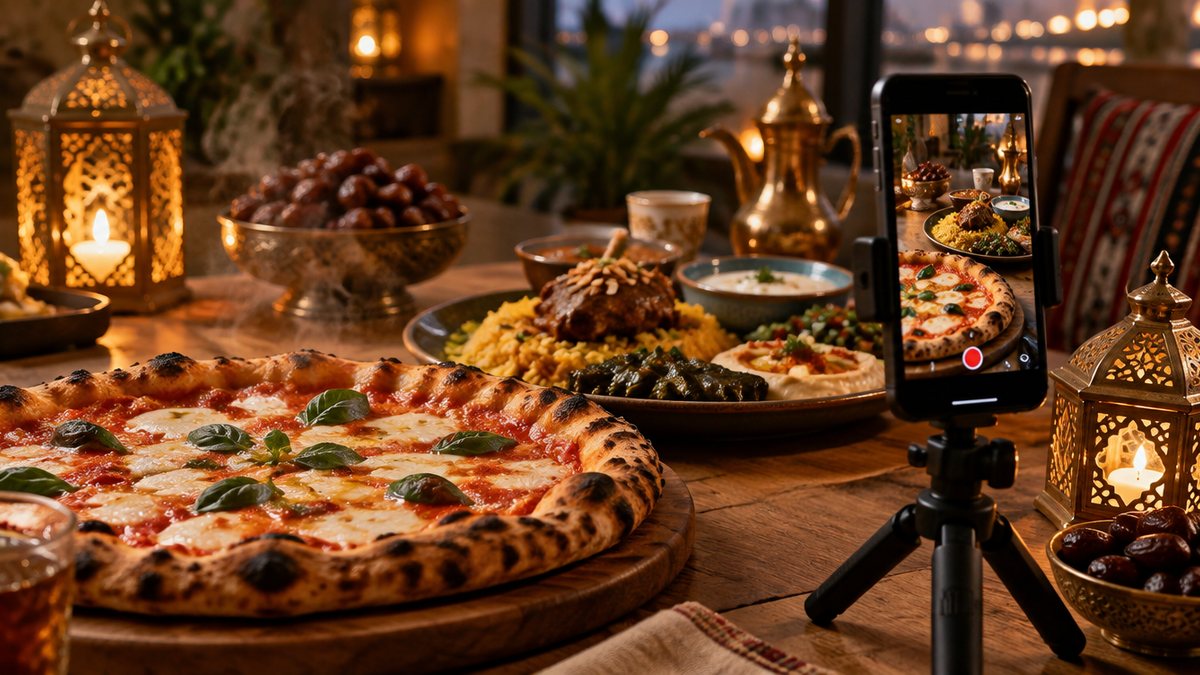 A wood-fired pizza and Emirati dishes on a warm iftar table with lanterns, a smartphone on a tripod filming a vertical video of the food