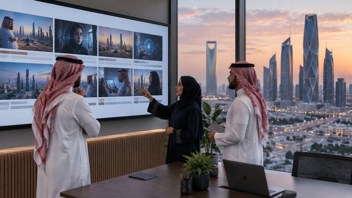 A Riyadh marketing team reviewing a storyboard of AI-generated ad frames on a large screen, the King Abdullah Financial District towers at dusk through the window