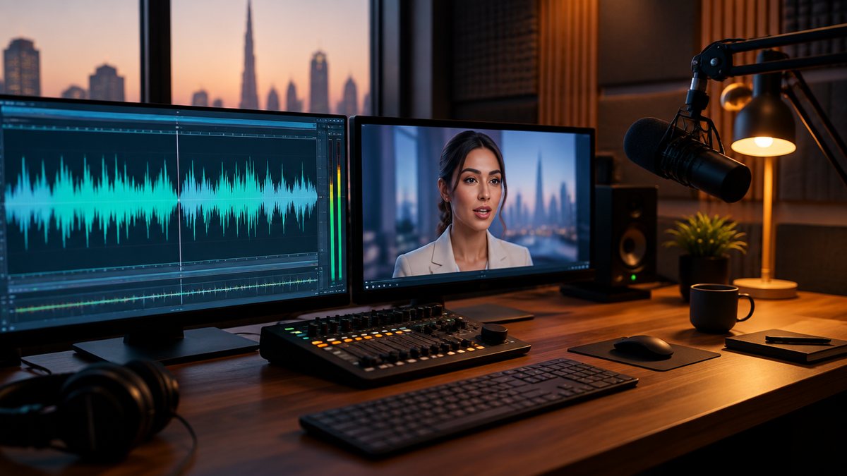 A sound engineer's desk in a Dubai studio with an audio waveform on one screen and a talking AI presenter mid-sentence on another