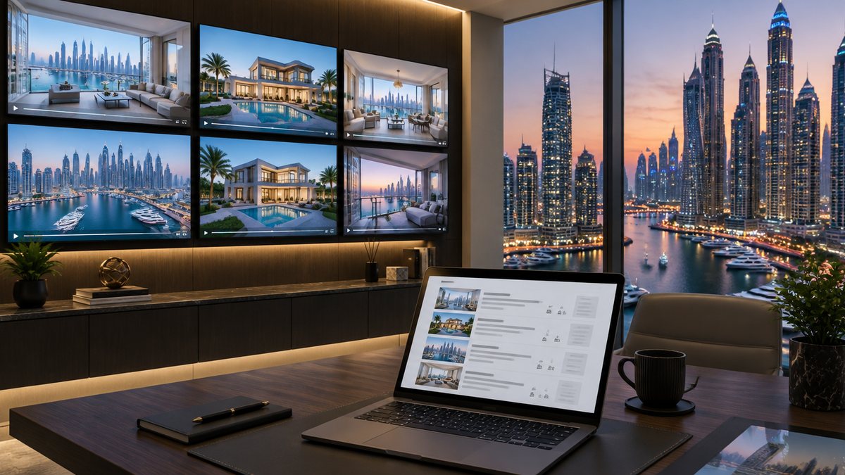 A Dubai brokerage office with a wall of screens showing property listing videos, a laptop open on a shortlist of production agencies