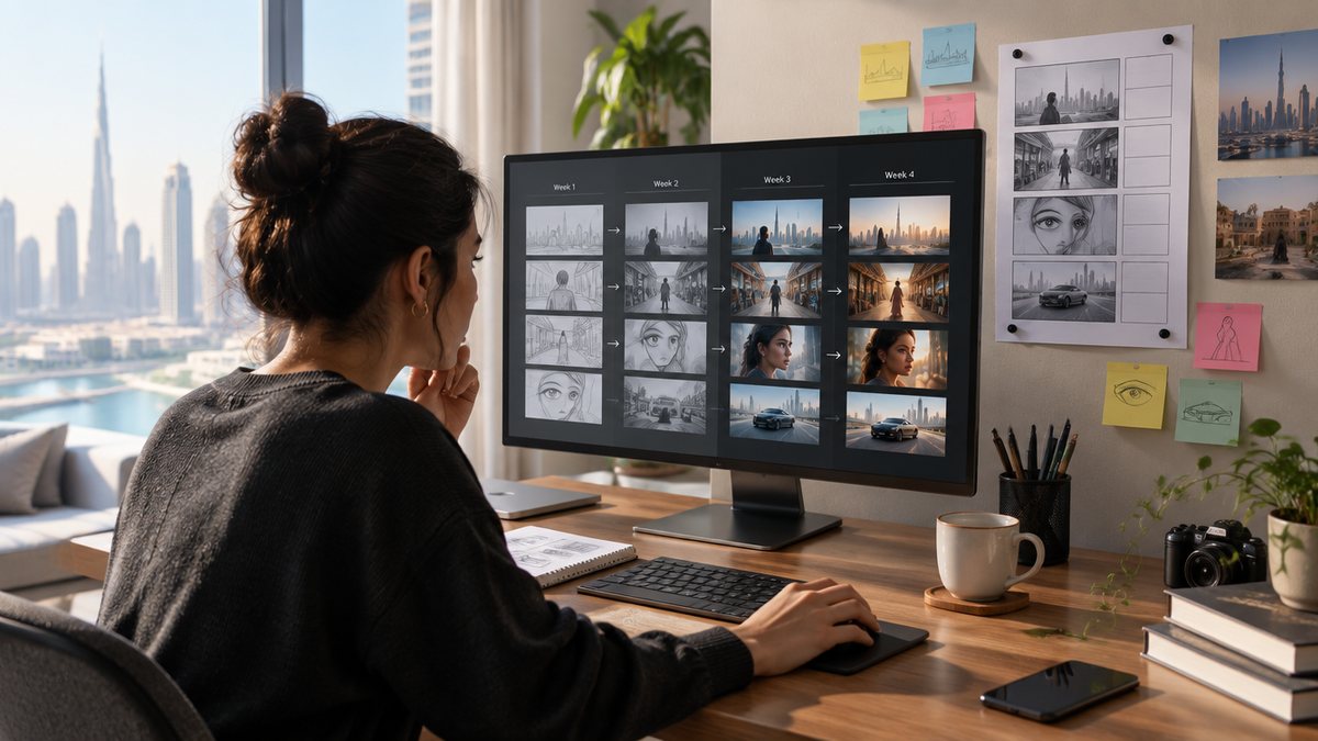 A beginner at a desk in Dubai working through an AI video generation timeline on screen, storyboard frames pinned beside the monitor